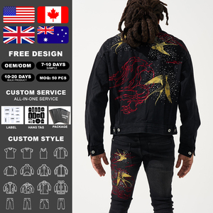 KingSen High Quality Men's Vintage Washed Denim <b>Jacket</b> Embroidery <b>Rhinestone</b> Button Up Casual Streetwear <b>Jacket</b> - Product Image 2