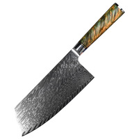 Couteau de cuisine japonais en acier Damas de 7 pouces, couteau à viande chinois Damas avec manche en bois stabilisé vert