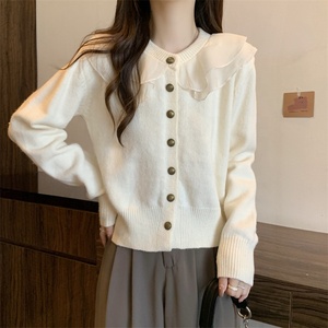 Maglione lavorato a <span class=keywords><strong>maglia</strong></span> <span class=keywords><strong>in</strong></span> tinta unita da donna con Design a balze all'ingrosso <span class=keywords><strong>in</strong></span> pizzo Chiffon con colletto arricciato Cardigan con bottone invernale - Product Image 2