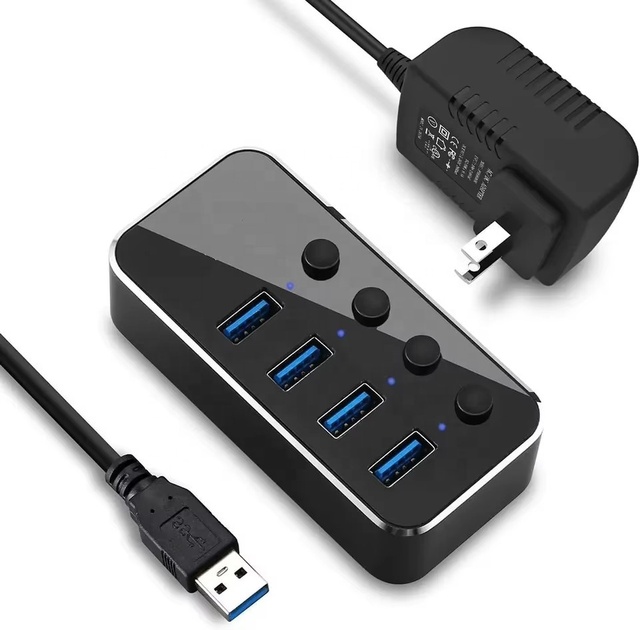 LT Portable Aluminum 4-Port USB 3.0 Hub with Individual Switch 5V AC Adapter 3.3ft Cable Black 5Gbps