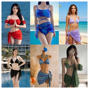 Ensemble bikini 3 pièces pour femme à imprimé floral, avec haut bandeau halter et bas asymétrique, maillot de bain extensible – Fournisseur d'usine - Product Image 2