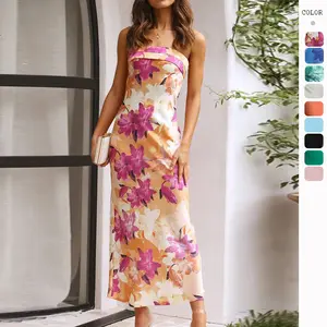 2024 Summer New Temperament Vacation Women's Dresses Satin Halter Ladies Dress Printing