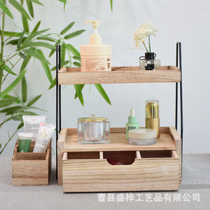 Estante de almacenamiento de escritorio de madera, organizador de cosméticos de doble capa con cajón para tocador y condimentos de cocina - Product Image 1