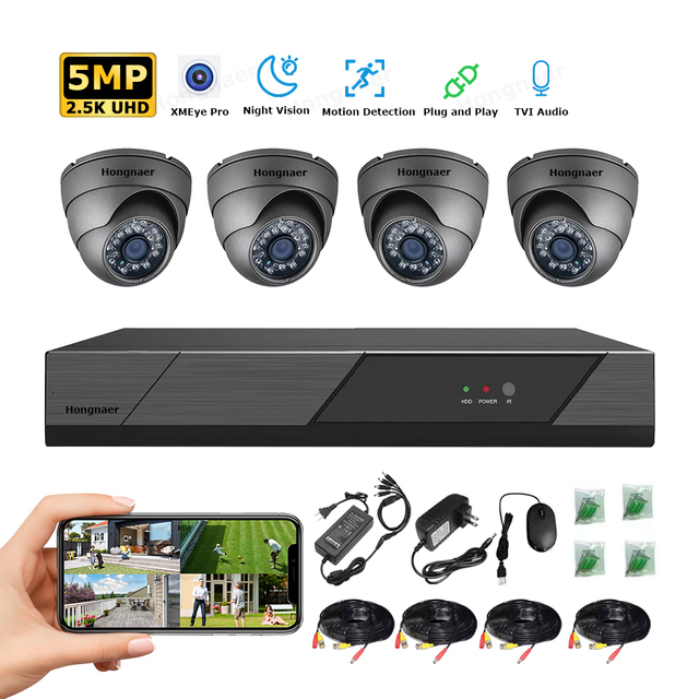 Hongnaer 5MP 4CH Outdoor Dome AHD Digital Video Recorder Home Security Camera Set Kit Surveillance System DVR CCTV Camera System