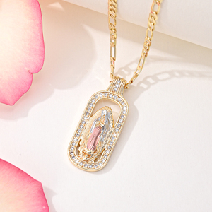 Collar con Colgante <span class=keywords><strong>de</strong></span> <span class=keywords><strong>la</strong></span> <span class=keywords><strong>Virgen</strong></span> <span class=keywords><strong>de</strong></span> Guadalupe, Cadena con Eslabones, Chapado en <span class=keywords><strong>Oro</strong></span> <span class=keywords><strong>de</strong></span> 14k, Zirconia, Romántico, Religioso, Unisex, Latón - Product Image 2