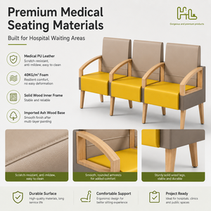 Canapé d'attente d'hôpital en cuir PU durable, accoudoirs solides, pieds en bois de frêne, chaise de réception médicale, facile à nettoyer, pour espaces publics commerciaux - Product Image 2