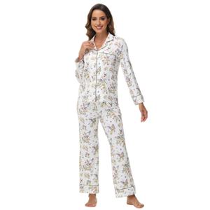 Pyjama personnalisé à manches longues en micro-coton modal à imprimé floral avec passepoil, pyjama en bambou, ensemble de vêtements de détente pour femmes, vêtements de nuit en modal - Product Image 4