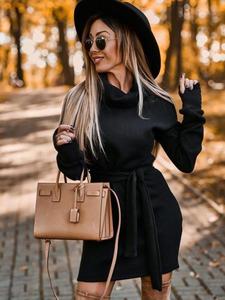 Nuovo Abito Invernale da Donna alla Moda con Collo a Drappeggio, Maniche Lunghe, Casual, Mini Vestito con Cintura - Product Image 4