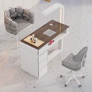 เฟอร์นิเจอร์ร้านทำผมหรูหราคุณภาพสูงใหม่ โต๊ะทำเล็บและเก้าอี้ไม้สีขาวดำพร้อมที่นั่งหลายตำแหน่ง - Product Image 6