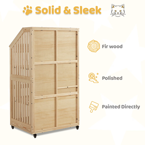 Villa pour chat multi-niveaux en bois de qualité supérieure, avec toit ouvrant, portes de sécurité verrouillables, roulettes et protection imperméable pour intérieur - Product Image 6
