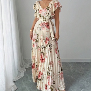 เดรสแฟชั่นทรงเอ พิมพ์ลายดอกไม้ดิจิทัล คอวี แต่งระบายช่วงเอว จับจีบสวยหรู สไตล์รีสอร์ท สำหรับผู้หญิง ขายดี - Product Image 1