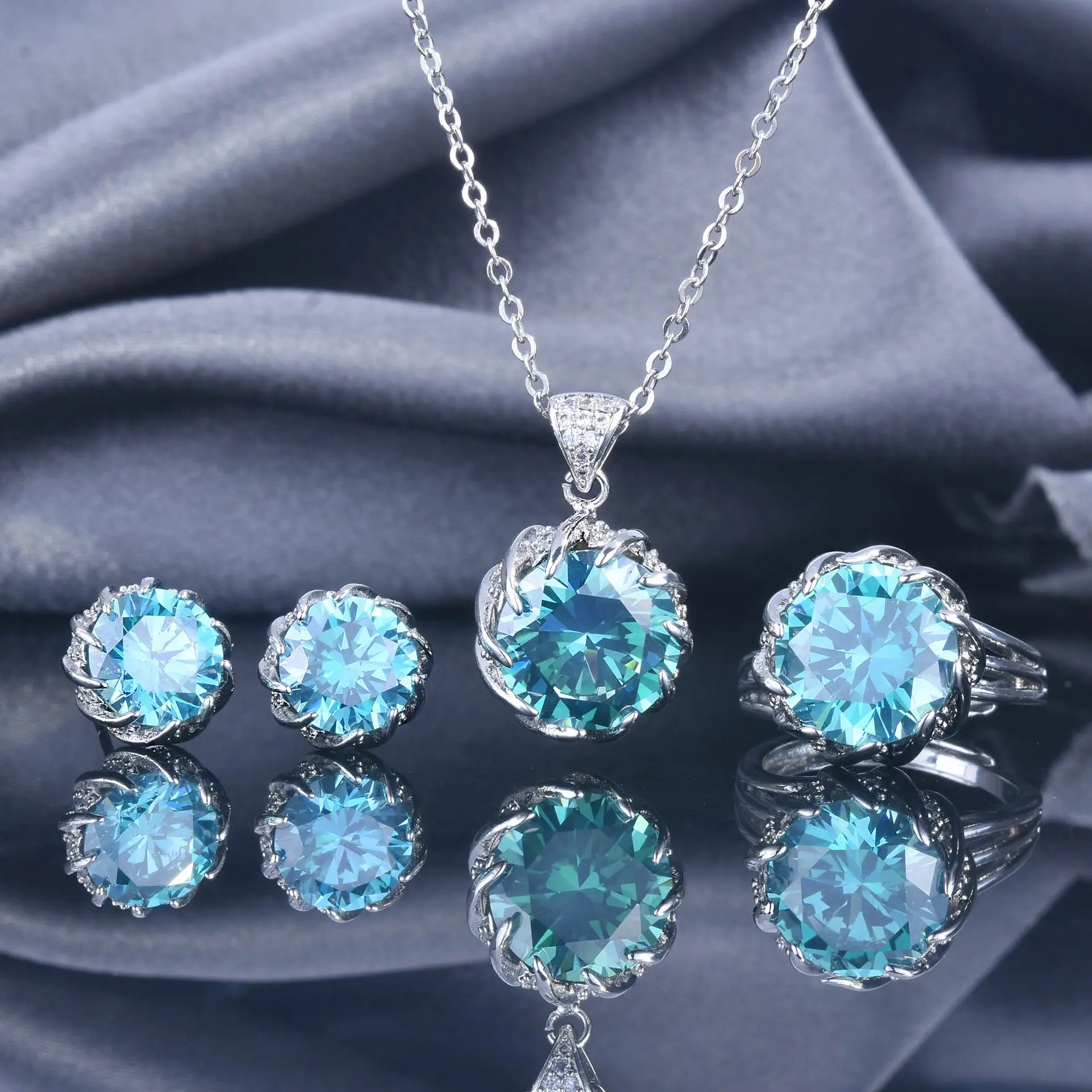 Simple Vintage Paraiba Tourmaline Stone Silver Color Jewelry Set Open Ring Necklace Earring for Women Wedding Jewelry