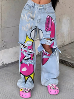 Jeans déchirés grande taille pour femmes, style streetwear, taille haute, motif graffiti, pantalon chic en denim, pantalon long pour femmes