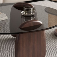 Table basse ronde couleur noyer pour salon, petit appartement, style luxe léger, moderne et minimaliste, table à thé en verre combiné