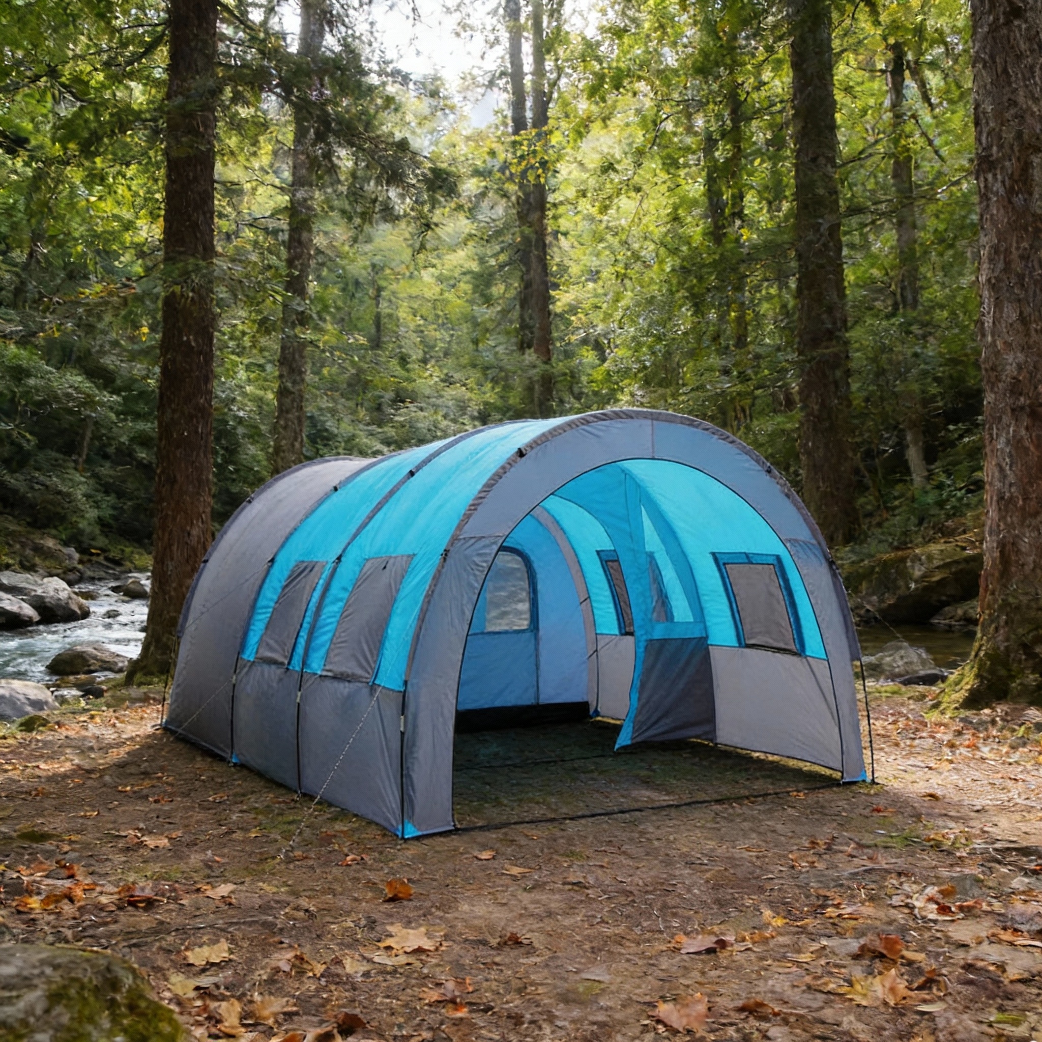 Tente Familiale 8-10 Personnes - Tunnel - Imperméable - Avec Fenêtres Moustiquaires - Bleue