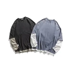 New oversized loose fitting hoodie for men, Korean version, color blocking casual round neck long sleeved T-shirt for men