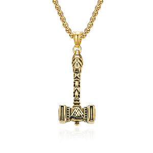 Wholesale Nordic Viking Stainless Steel Thor Hammer Mjolnir Odin <b>Wolf</b> Vegvisir Pendant <b>Necklace</b> Vintage Style 18K Gold Plated - Product Image 2