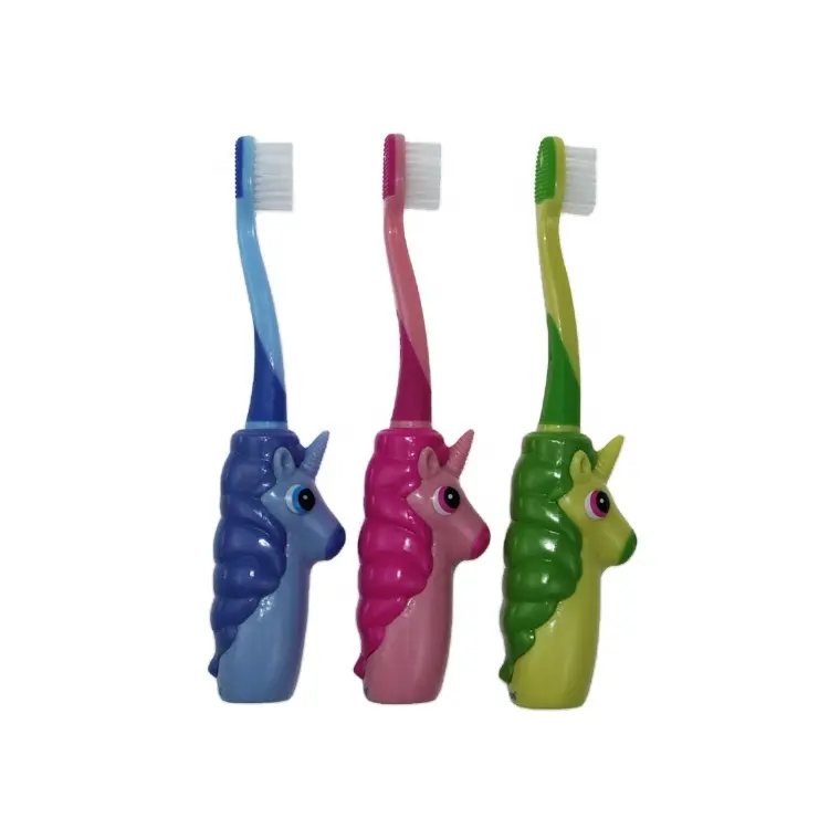 ユニコーンハンドルデザインの3D子供用歯ブラシ、舌クリーナー付きの子供用歯ブラシ、キャンディーカラーの幼児用歯ブラシ