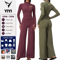 Combinaison de yoga une pièce pour femme avec logo personnalisé, col montant semi-zippé, manches longues avec trous pour les pouces, taille haute, pantalon large, vêtements de sport