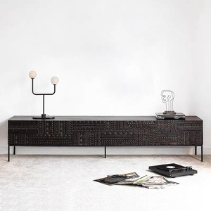 Meuble TV rétro armoire de rangement en bois massif lumière intégrée luxe haut de gamme petit appartement armoire latérale noire au sol - Product Image 6