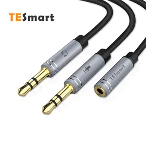 TESmat Pemisah Headset Audio, Headphone Adaptor Y Mikrofon Pria 3.5Mm Ke 2 Ganda 3.5Mm