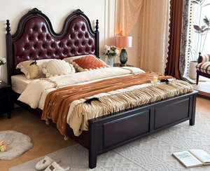 Traditional Mahogany Wood Bed with Genuine Leather Upholstered Headboard Queen Size Storage Bed Soft Bed Design - Product Image 6