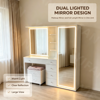 Coiffeuse Moderne Personnalisée avec Grand Miroir Lumineux, Meuble de Rangement pour Chambre à Coucher en Bois MDF