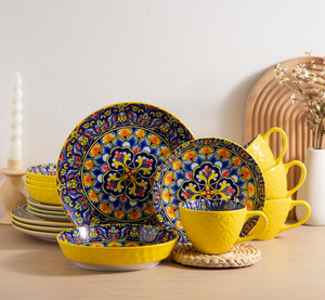Service de table en céramique LOMATO jaune vif, imprimé floral mandala bohème, 18/24/36 pièces, texture en relief, tasses à café, assiettes - Product Image 1