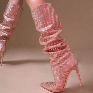 Bottes pour femmes à talon aiguille, confortables, en strass de cristal de grande taille, hauteur genou - Product Image 2
