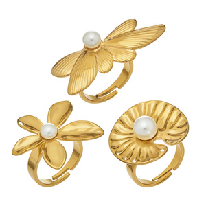 Anillo Abierto de Flor de Loto con Diseño Único en Tendencia 2026, Anillo Ajustable de Acero Inoxidable con Perla y Oro de 18K - Product Image 1