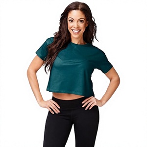 Camiseta Corta de Cuello Redondo para Mujer, de Manga Corta, Color Sólido, Transpirable, Corte Regular, Informal, de Jersey, para Primavera/Verano, Verde - Product Image 2