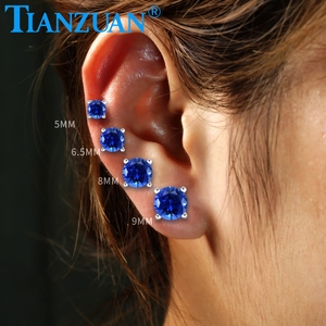 Pendiente de zafiro azul real/azul aciano creado en laboratorio 5-9mm con inclusiones forma redonda S925 pendientes de plata joyería - Product Image 5