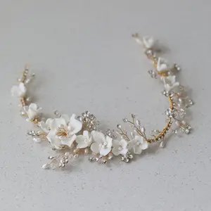 SLBRIDAL strass di lusso fatti a mano fiore di porcellana perle d'acqua dolce fascia da sposa damigelle d'onore gioielli per capelli da donna