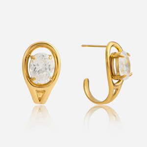 ต่างหูทรงหยดน้ำรูปทรงเรขาคณิตประดับเพชรรูปไข่แบบกรงเล็บ ทำจากสแตนเลส สวมใส่ได้ทุกวัน - Product Image 1