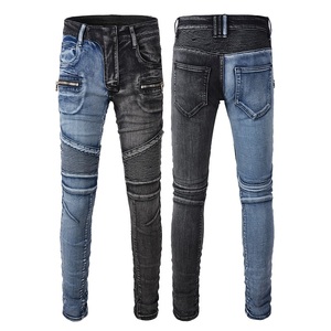 Jeans Ajustados con Múltiples Cremalleras para Hombre, Jeans Desgastados con Múltiples Bolsillos, Estilo Motero, Hip Hop, Negro, <span class=keywords><strong>Azul</strong></span>, Patchwork - Product Image 1