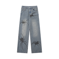 Jeans pour hommes style streetwear à imprimé toile d'araignée, coupe ample, jambe large, en denim délavé, pour usage quotidien Y2K, vente en gros OEM