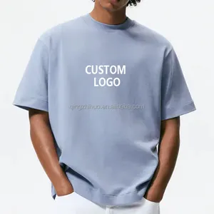 Men's Thicken Heavy 500gsm 100% Cotton Blue T-shirt Custom LOGO Blank Oversized Ribbed Crewneck Tshirt For Men Oversize T-shirt