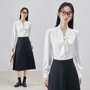 White Bow Tie Blouse Women Solid Color Long Sleeve Poplin Shirt Work Office Wear Formal Interview Style 2025 Spring Autumn - Product Image 1