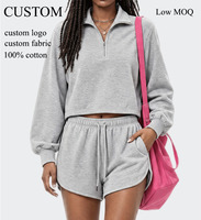 Ensemble de survêtement décontracté pour femme en coton 100% avec sweat-shirt à fermeture éclair quart de tour et short, style mode personnalisé et tissu épais