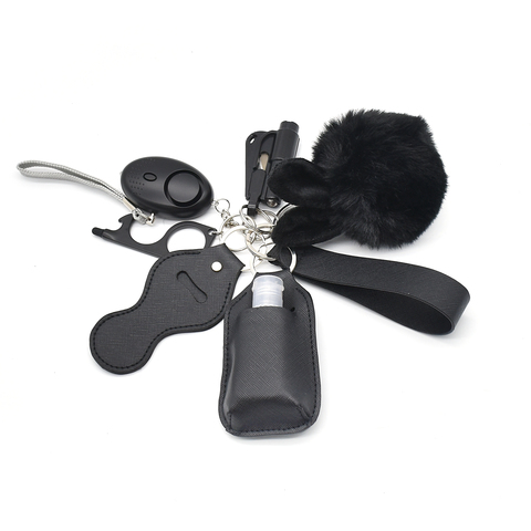 Wholesale High Quality Vegan Leather sealed Edge Crafts Bag Charms Safety Survival Tool Supplies Self Defense Key Chain Set 9pcs