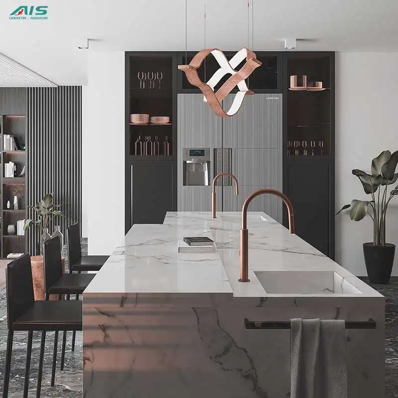 Ais mebel dapur Modern abu-abu lengkap, Set kustom kabinet melamin aluminium Readymade dengan pulau dapur