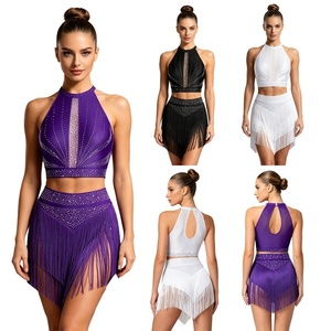 Conjunto de 2 Piezas para Baile Latino para Mujer, Top Corto con Flecos y Pedrería, Falda Asimétrica con Borlas, Trajes para Salsa, Tango y Baile de Salón - Product Image 1