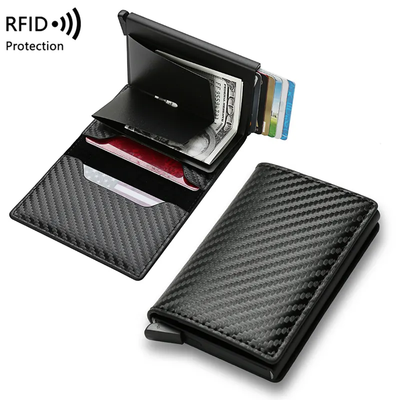 Carteira personalizada com cartão de fibra de carbono real RFID ultra metal, porta-cartões de crédito em alumínio minimalista com clipe para dinheiro, design 2024