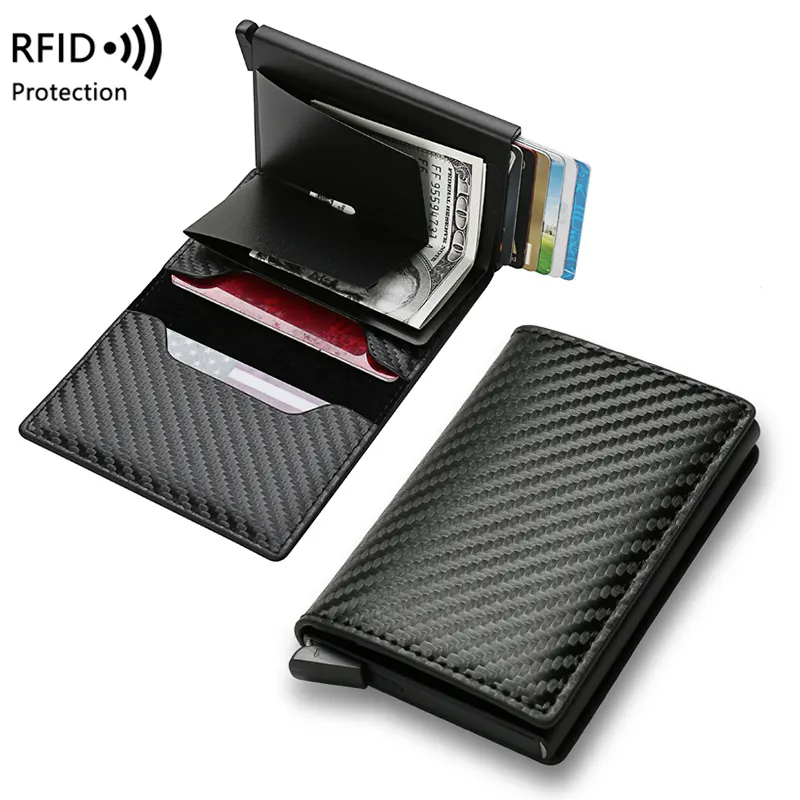 Dompet kustom kartu serat karbon asli RFID Logam ultra desain 2024, tempat kartu kredit aluminium minimalis dengan klip uang logam