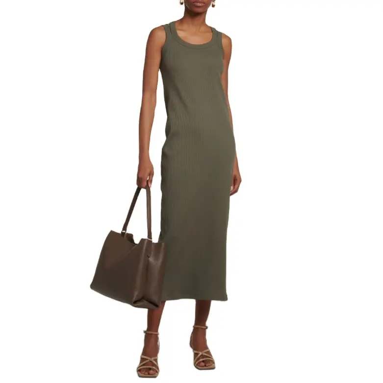 Summer Plain Clothes Slim Casual Ribbed Knit Double Tank Style Straps Midi dress Sundresses Women Summer