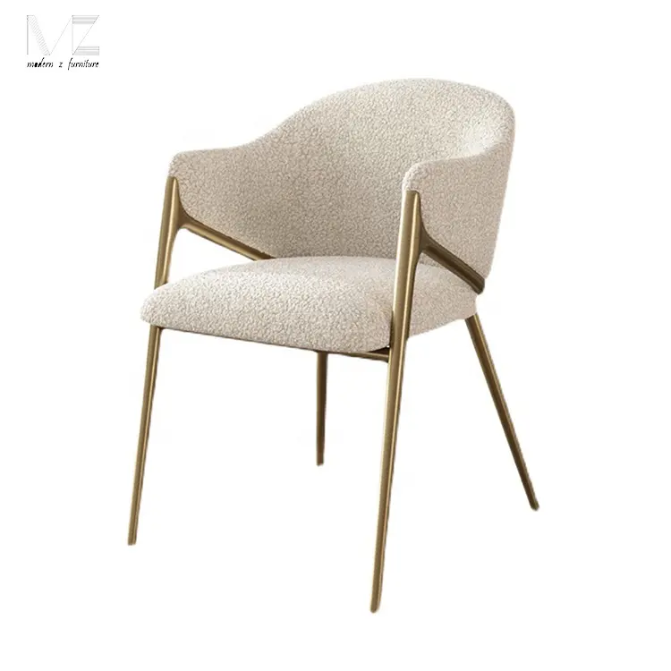 Nordic Restaurant Dedie Furniture Dinning Sillas De Comedor Modern White and Gold Boucle Accent Arm Dining Chair With Gold Legs