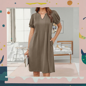 Robe midi décontractée d'été pour femme, col en V, manches bouffantes, coupe trapèze, couleur unie, respirante, avec poches - Product Image 3