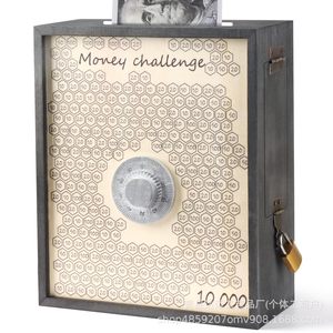 Wooden Money Challenge <b>Box</b> 10000 Savings <b>Safe</b> With <b>Lock</b> Reusable Coin Cash Storage For Saving Goals - Product Image 1