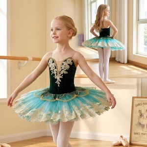 AL-S0022 Fabrication OEM ODM, Tutu de ballet en velours vert pour filles, Costume de ballerine, Robe de tutu de danse pour enfants pour compétition scénique - Product Image 1
