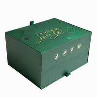 Boîte cadeau vert Leabon à deux niveaux avec couvercle rabattable, tiroir, insert en velours, logo personnalisé, emballage cosmétique, vente en gros, usine
